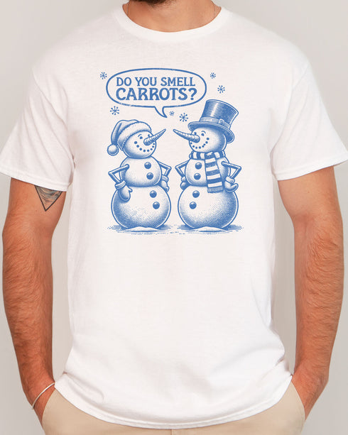 Man wearing retro snowman shirt in white color with the quote "Do You Smell Carrots?"