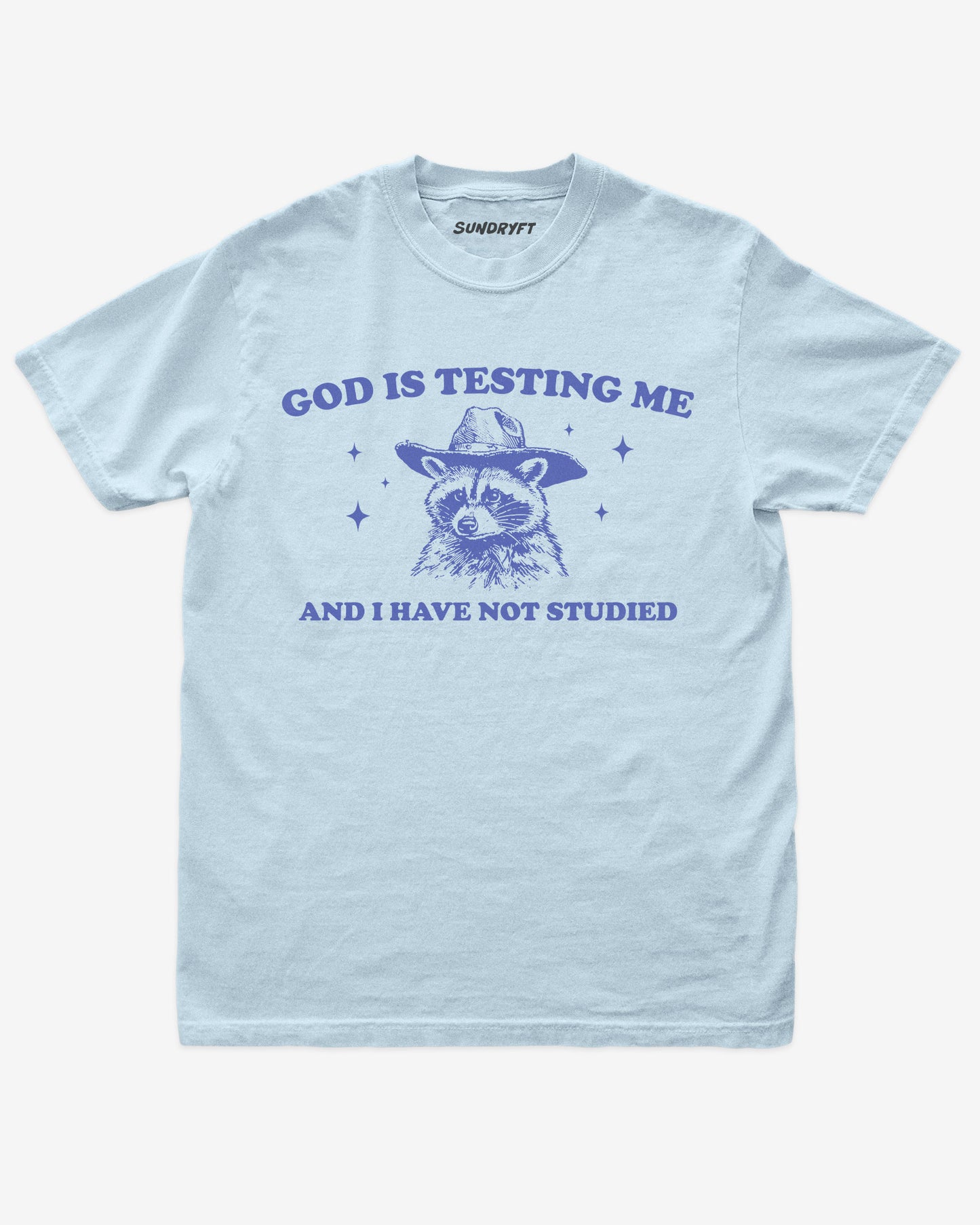 God Is Testing Me And I Have Not Studied shirt in chambray with cowboy raccon graphic