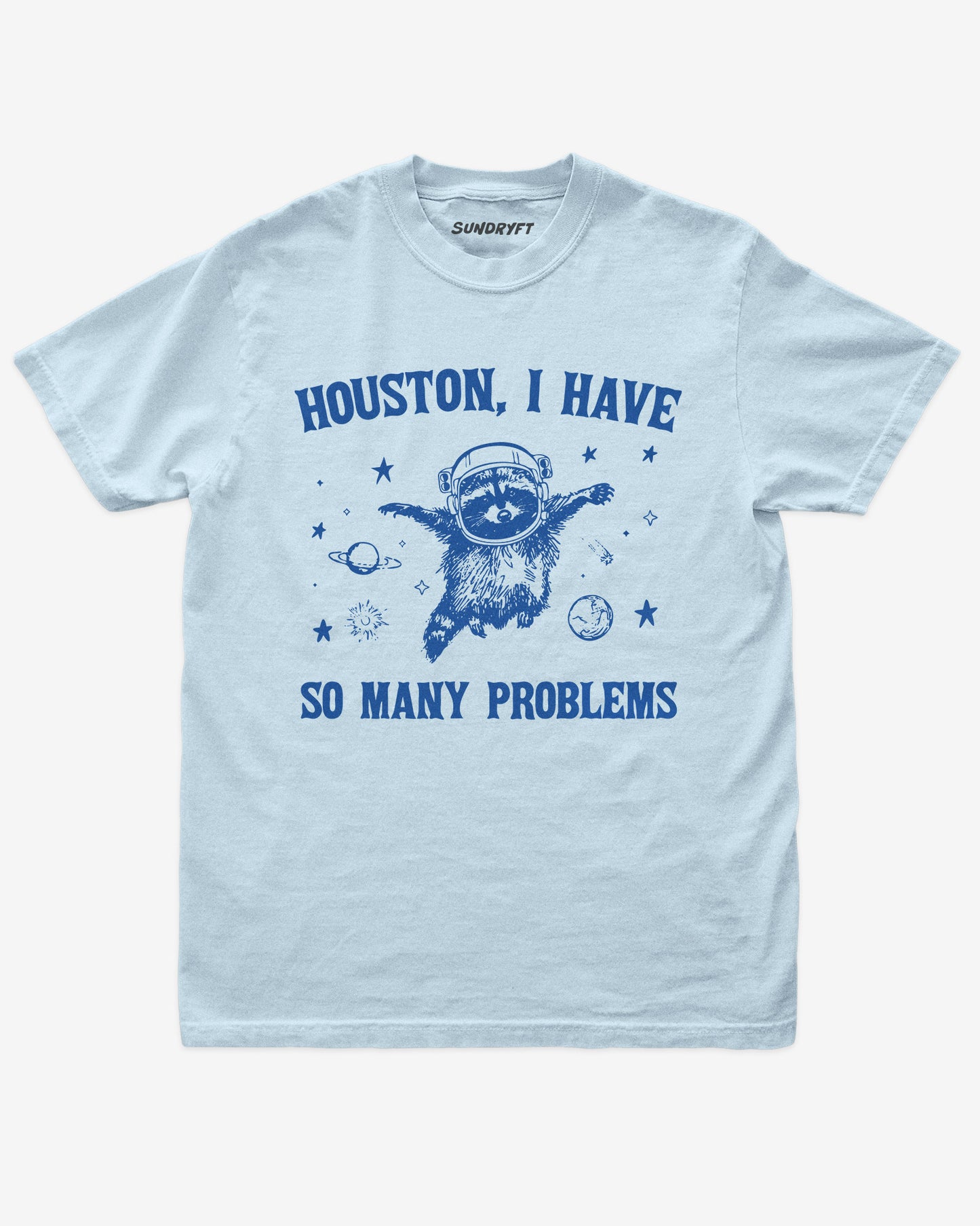 Houston I Have So Many Problems shirt in chambray with funny racoon astronaut graphic