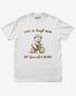 'Life Is Tough Man Get Yourself A Helmet' shirt in white with a retro graphic of a little bear riding a bycicle.