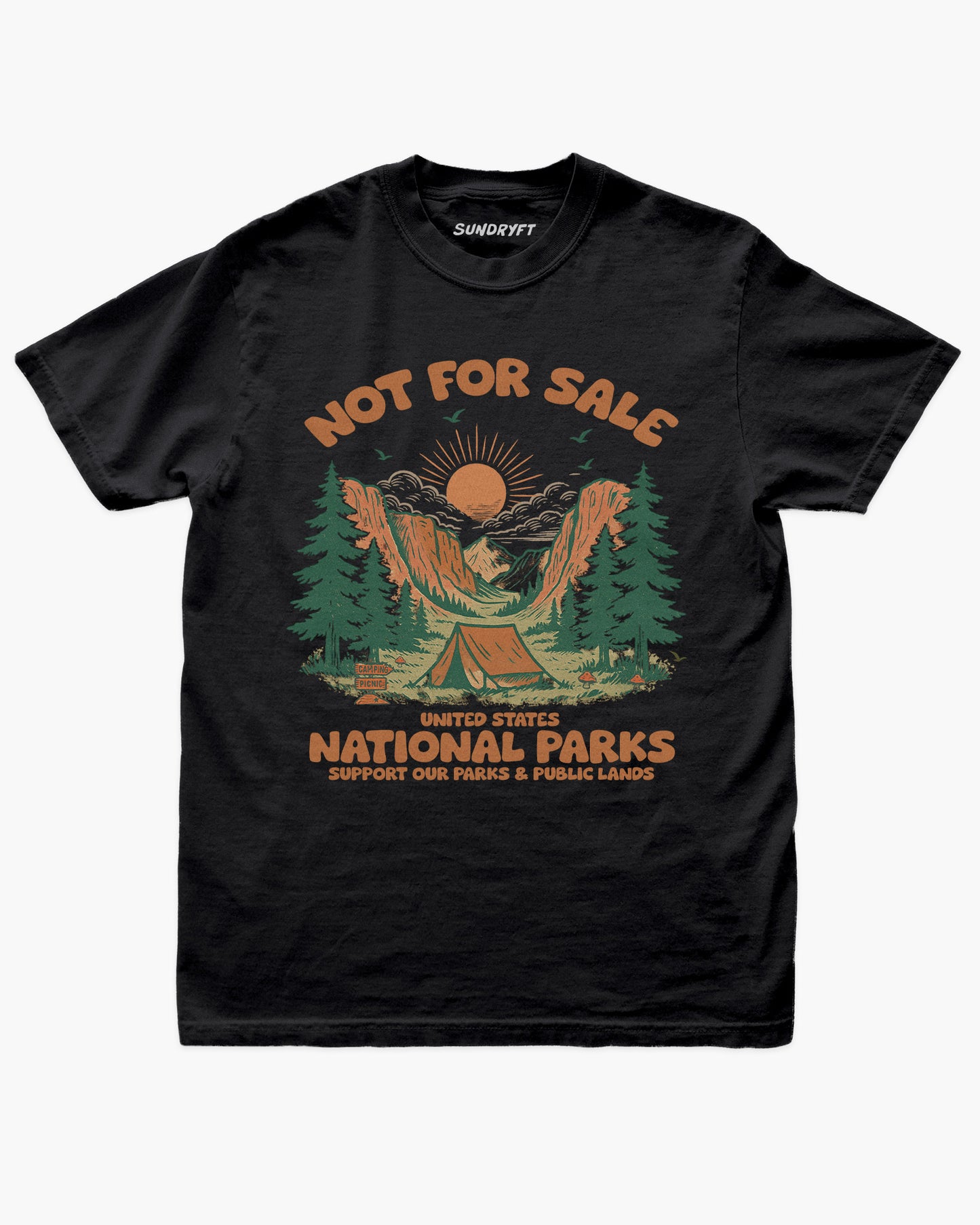 Not For Sale: US National Parks shirt in black with graphic of a campsite in nature