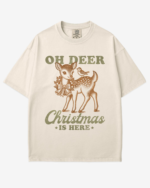 Oh Deer Christmas Is Here shirt in ivory with retro graphic of a little reindeer
