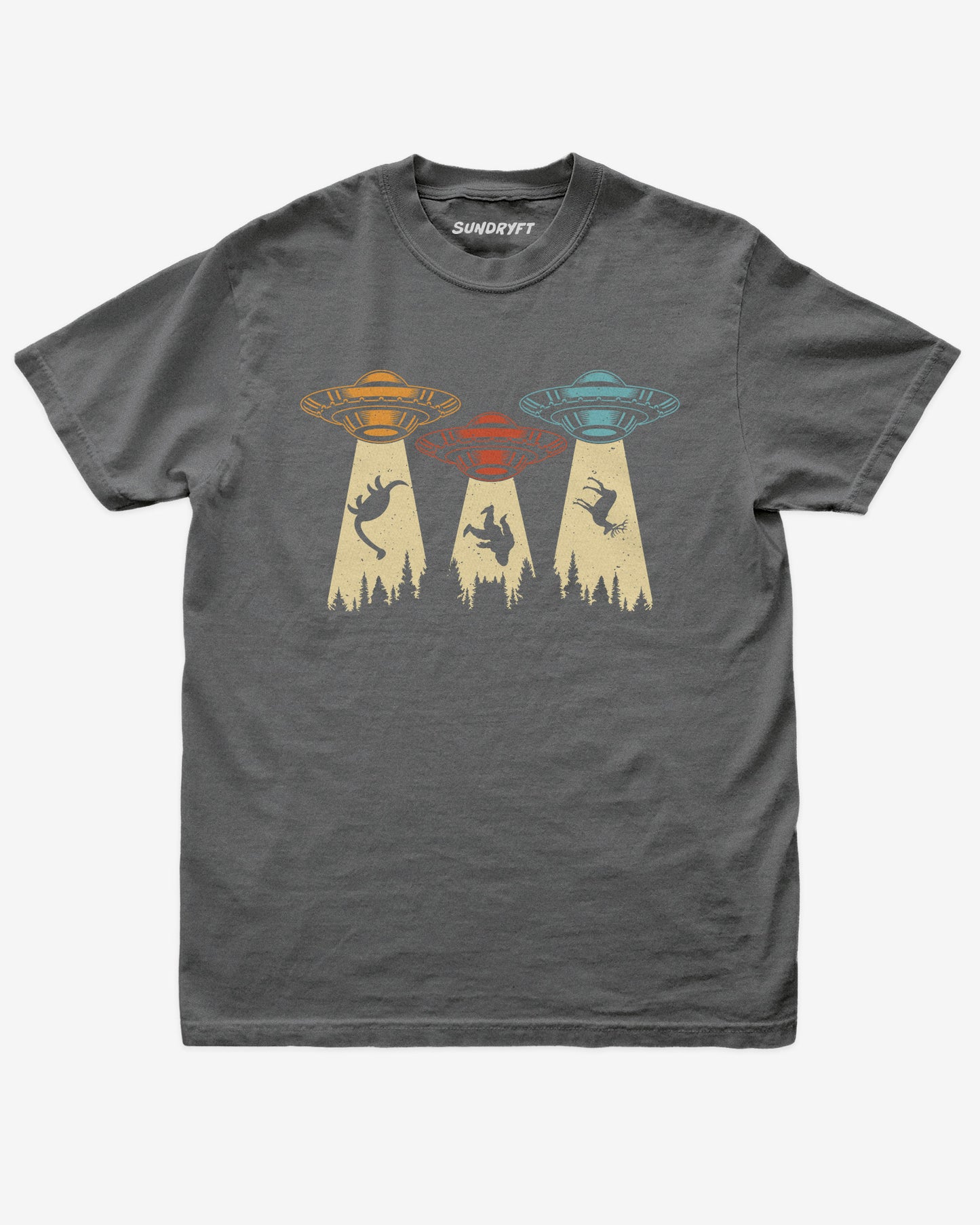 Pepper “UFOs Beaming Up Dinosaur, Bigfoot & Deer” funny retro alien abduction shirt flat lay.