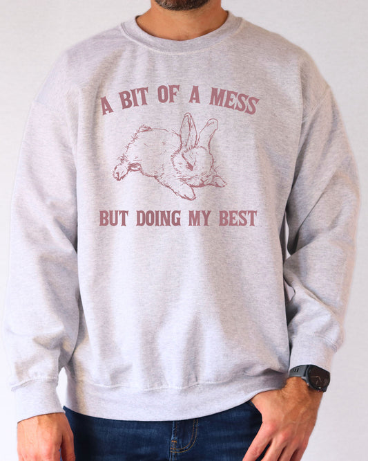 Model wearing ash color sweatshirt with 'A Bit Of A Mess But Doing My Best' graphic design