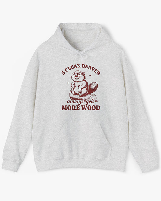 Flat lay ash gray 'A Clean Beaver Always Gets More Wood' hoodie with funny retro beaver sitting on a wood stump graphic