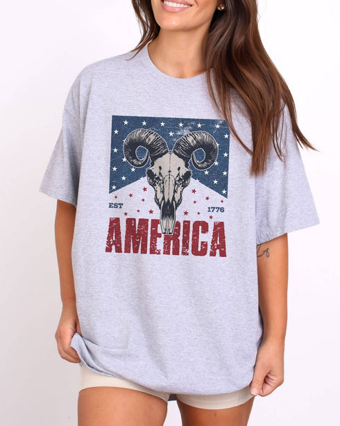 Model wearing sport gray color shirt with 'America Est 1776' graphic design