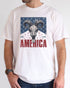 Model wearing white color shirt with 'America Est 1776' graphic design