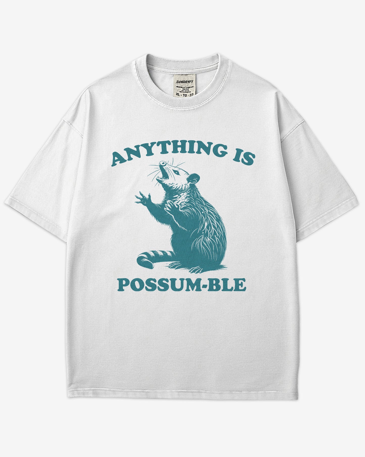 Flat lay white 'Anything Is Possum-ble' shirt with funny retro opossum graphic.