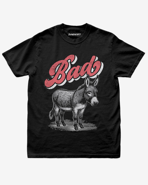 Black “Badass Donkey” funny pun retro graphic shirt flat lay.