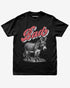Black “Badass Donkey” funny pun retro graphic shirt flat lay.