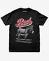 Black “Badass Donkey On Skateboard” funny retro skate pun shirt flat lay.
