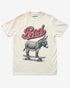 Ivory “Badass Donkey On Skateboard” funny retro skate pun shirt flat lay.