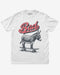 White “Badass Donkey On Skateboard” funny retro skate pun shirt flat lay.