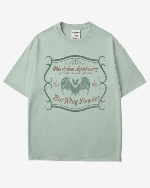 Vintage Salem apothecary graphic tee in bay with bat wing powder potion design