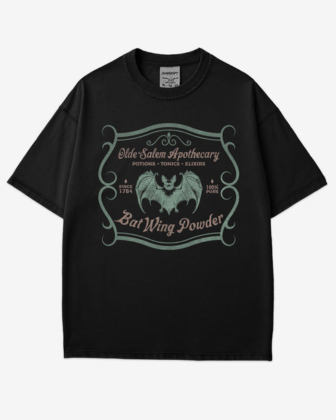 Vintage Salem apothecary graphic tee in black with bat wing powder potion design