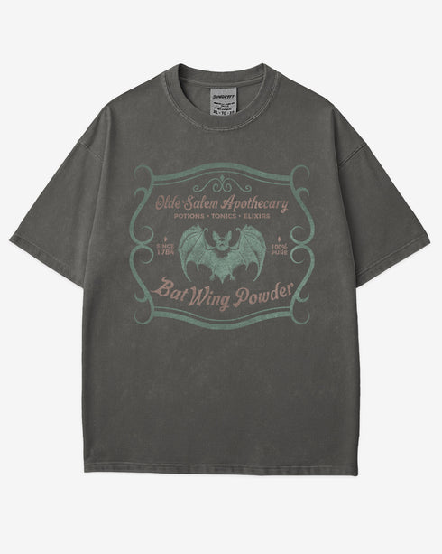 Vintage Salem apothecary graphic tee in pepper with bat wing powder potion design