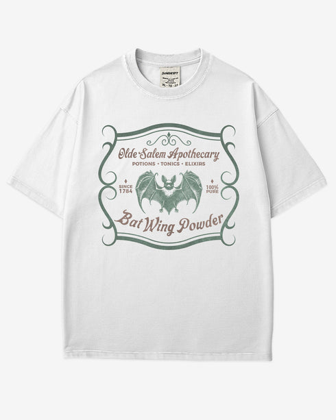 Vintage Salem apothecary graphic tee in white with bat wing powder potion design