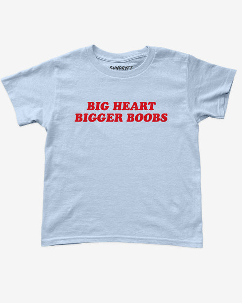Flat lay light blue y2k baby tee with funny text "Big Heart Bigger Boobs"