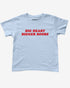 Flat lay light blue y2k baby tee with funny text "Big Heart Bigger Boobs"