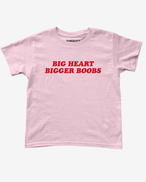 Flat lay light pink y2k baby tee with funny text "Big Heart Bigger Boobs"