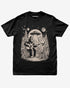 Bigfoot Playing Guitar With Alien And UFO Shirt on black tee with funny forest UFO design