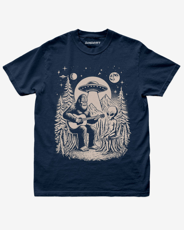 Bigfoot Playing Guitar With Alien And UFO Shirt on navy blue tee with funny forest UFO design