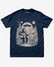 Bigfoot Playing Guitar With Alien And UFO Shirt on navy blue tee with funny forest UFO design