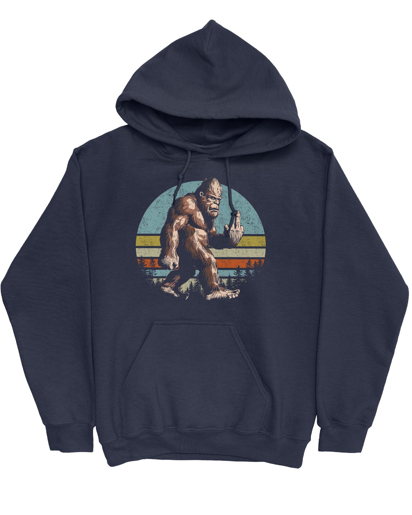 Flat lay of a navy hoodie with a funny retro graphic of Bigfoot showing the middle finger.
