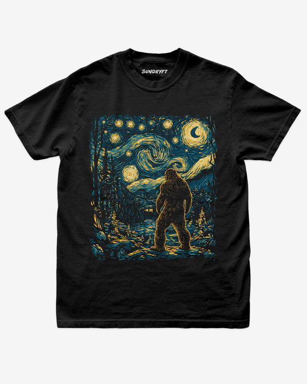 Bigfoot Starry Night Graphic Tee on black shirt with vintage forest night sky design