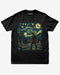 Bigfoot Starry Night Graphic Tee on black shirt with vintage forest night sky design