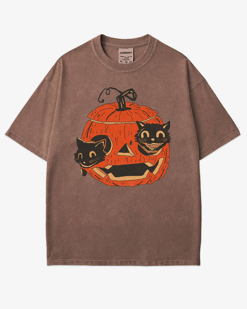 Espresso-colored Black Cats in Pumpkin Shirt โ retro graphic tee with two black cats inside a carved Halloween pumpkin