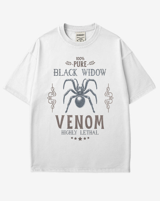 Black Widow Venom Shirt in white color with retro Halloween black widow graphic reading 100% pure venom highly lethal on soft cotton tee