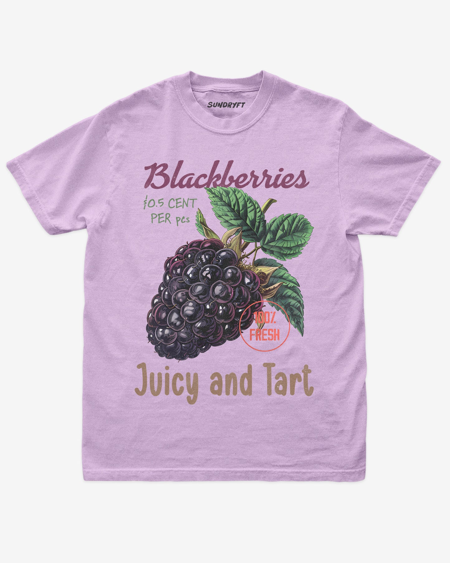 Flat lay of orchid Blackberries Fruit Shirt, retro 90s vintage fruit graphic tee with juicy blackberry design