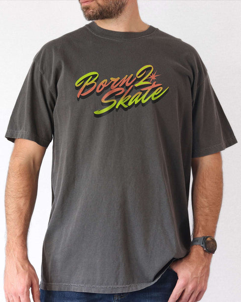 Man wearing a pepper “Born 2 Skate” shirt.