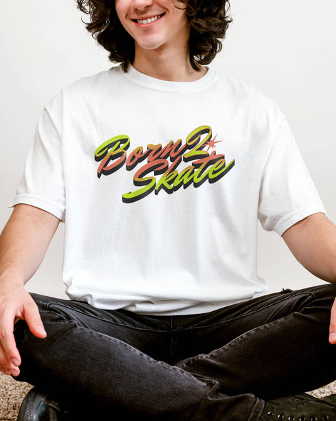 Man wearing a white “Born 2 Skate” shirt.