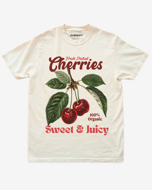 Cherries Fruit Shirt retro vintage graphic tee flat lay in ivory