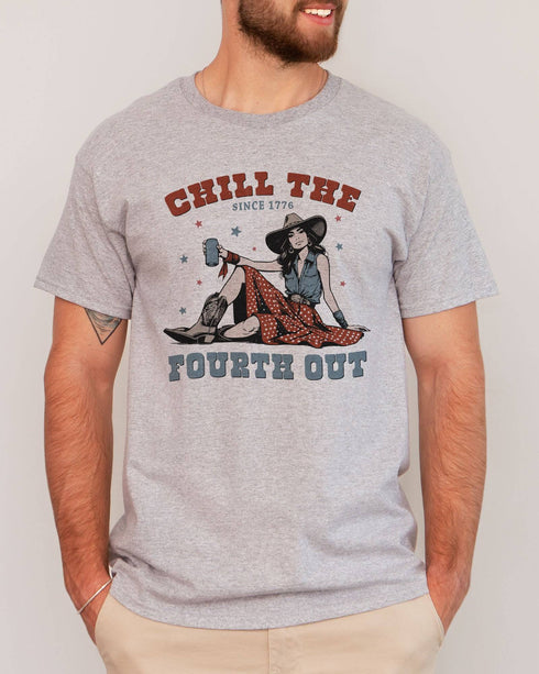 Model wearing sport gray color shirt with 'Chill The Fourth Out' graphic design