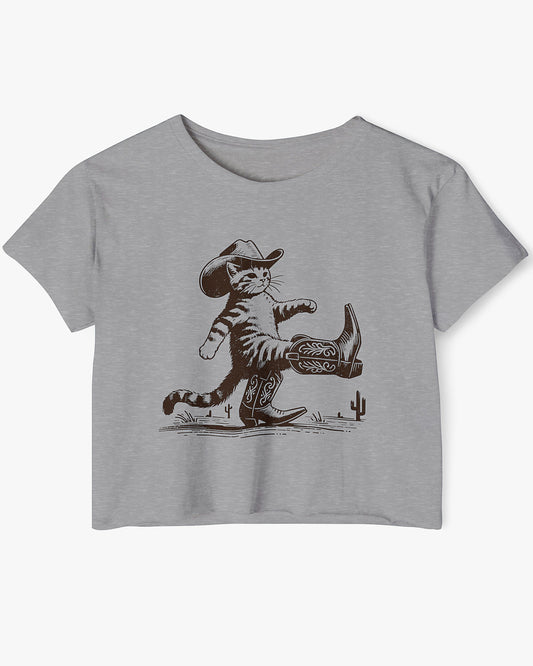 Flat lay heather gray crop top featuring a funny retro cowboy cat graphic.