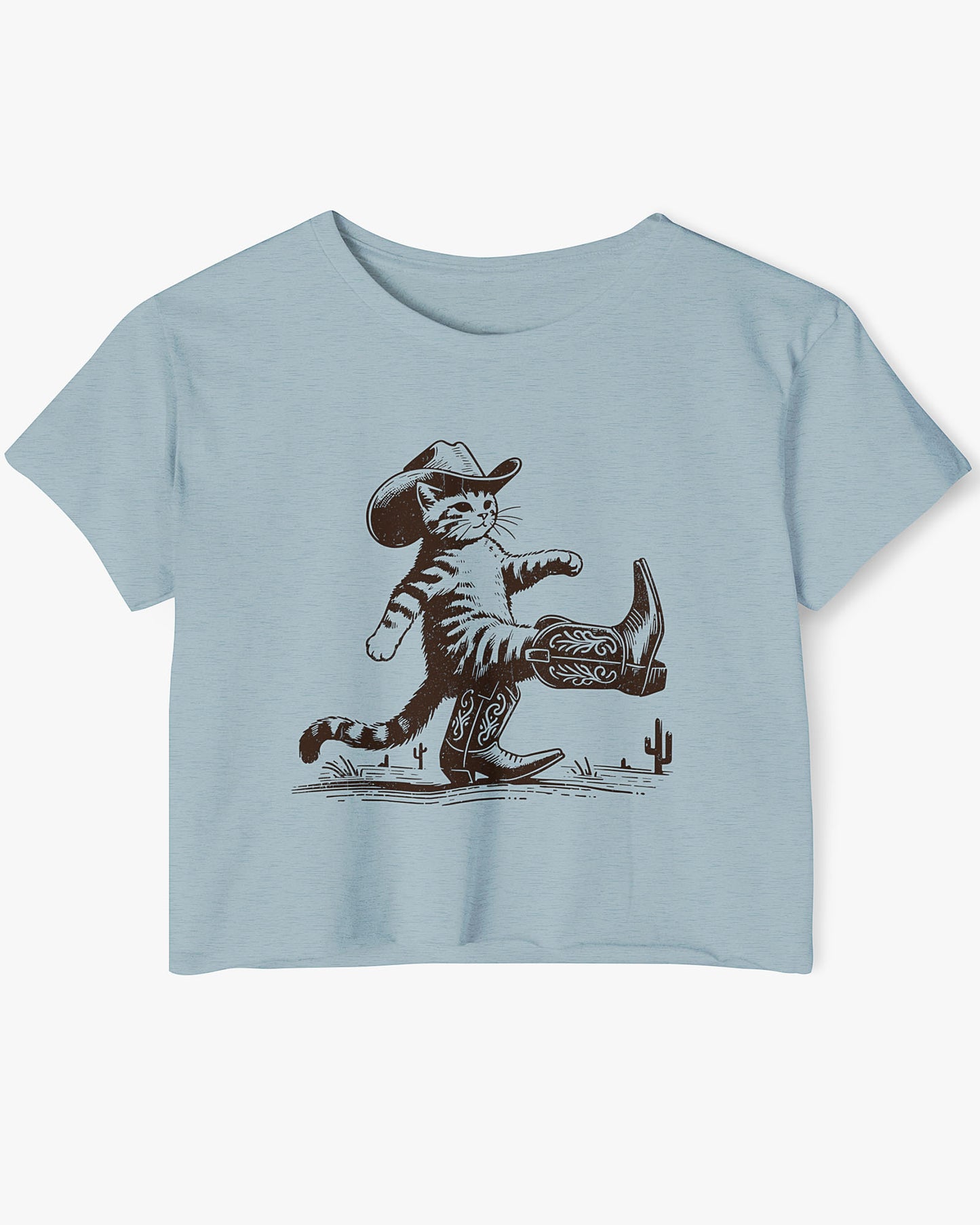 Flat lay stonewash denim crop top featuring a funny retro cowboy cat graphic.