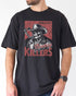 Model wearing black color shirt with 'Cowboy Killers' funny smoking skeleton graphic design