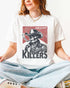 Model wearing white color shirt with 'Cowboy Killers' funny smoking skeleton graphic design