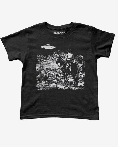 Flat lay black Y2K baby tee with retro cowboy and UFO graphic