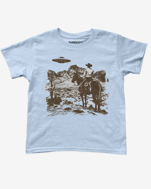 Flat lay light blue Y2K baby tee with retro cowboy and UFO graphic