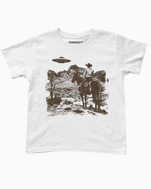 Flat lay white Y2K baby tee with retro cowboy and UFO graphic