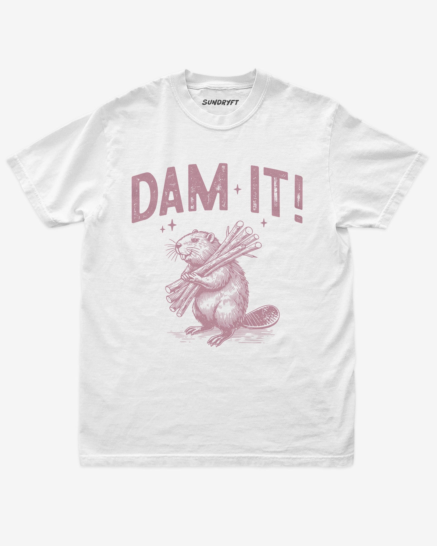 Dam It shirt in white with retro beaver graphic
