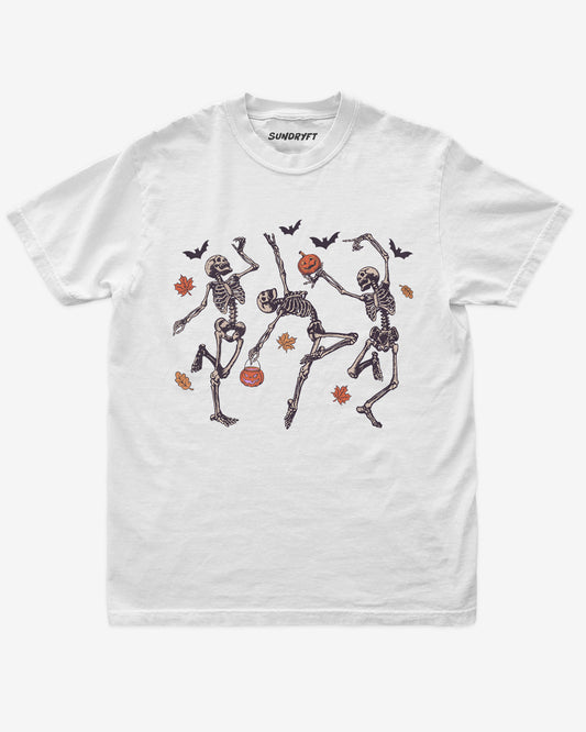 Dancing Skeletons shirt in white with Halloween graphic