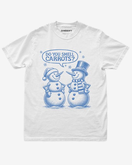 "Do You Smell Carrots?" shirt in white with snowmen graphic