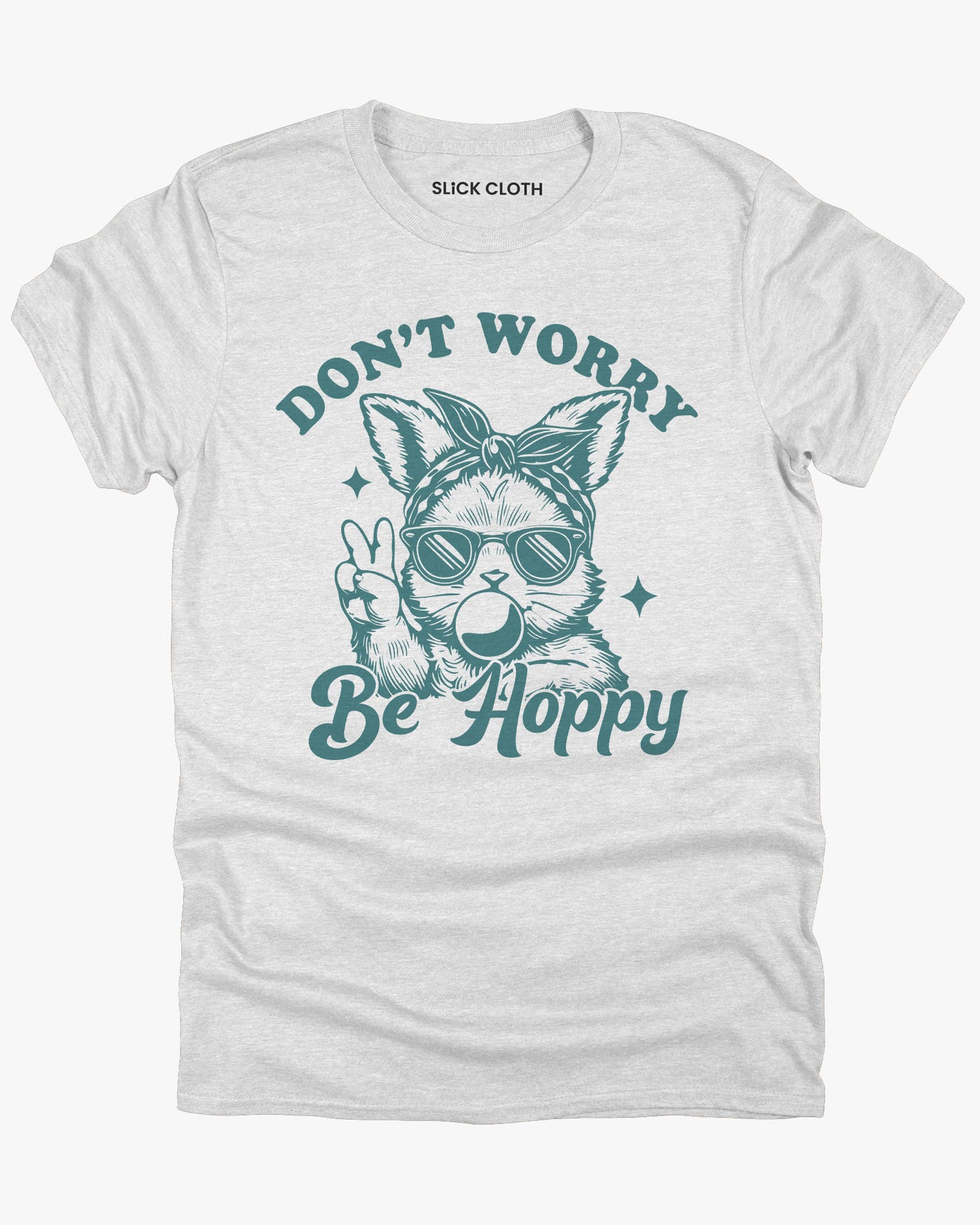 Flat lay ash-colored 'Don't Worry, Be Hoppy' shirt featuring a funny retro easter bunny graphic.