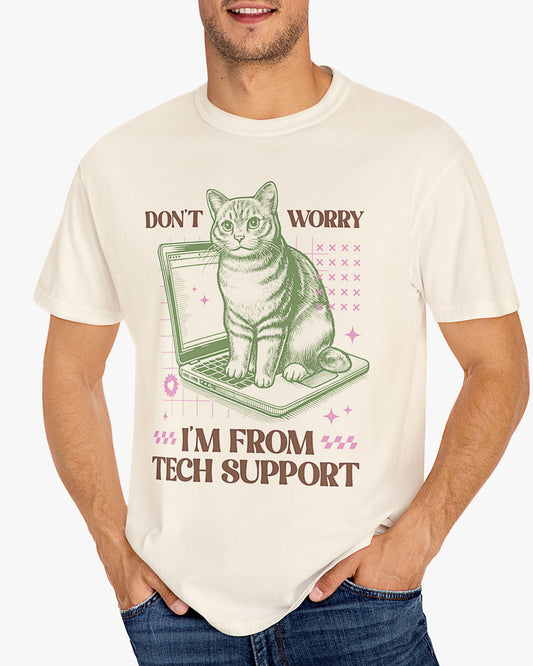 Man wearing natural 'Don't Worry I'm From Tech Support' shirt with funny retro cat sitting on computer graphic