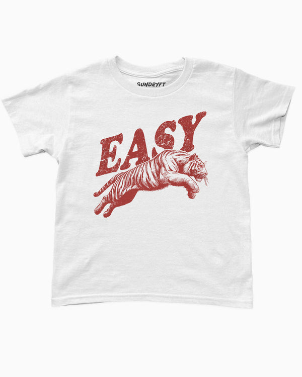 Easy tiger baby tee in white with retro jumping tiger graphic